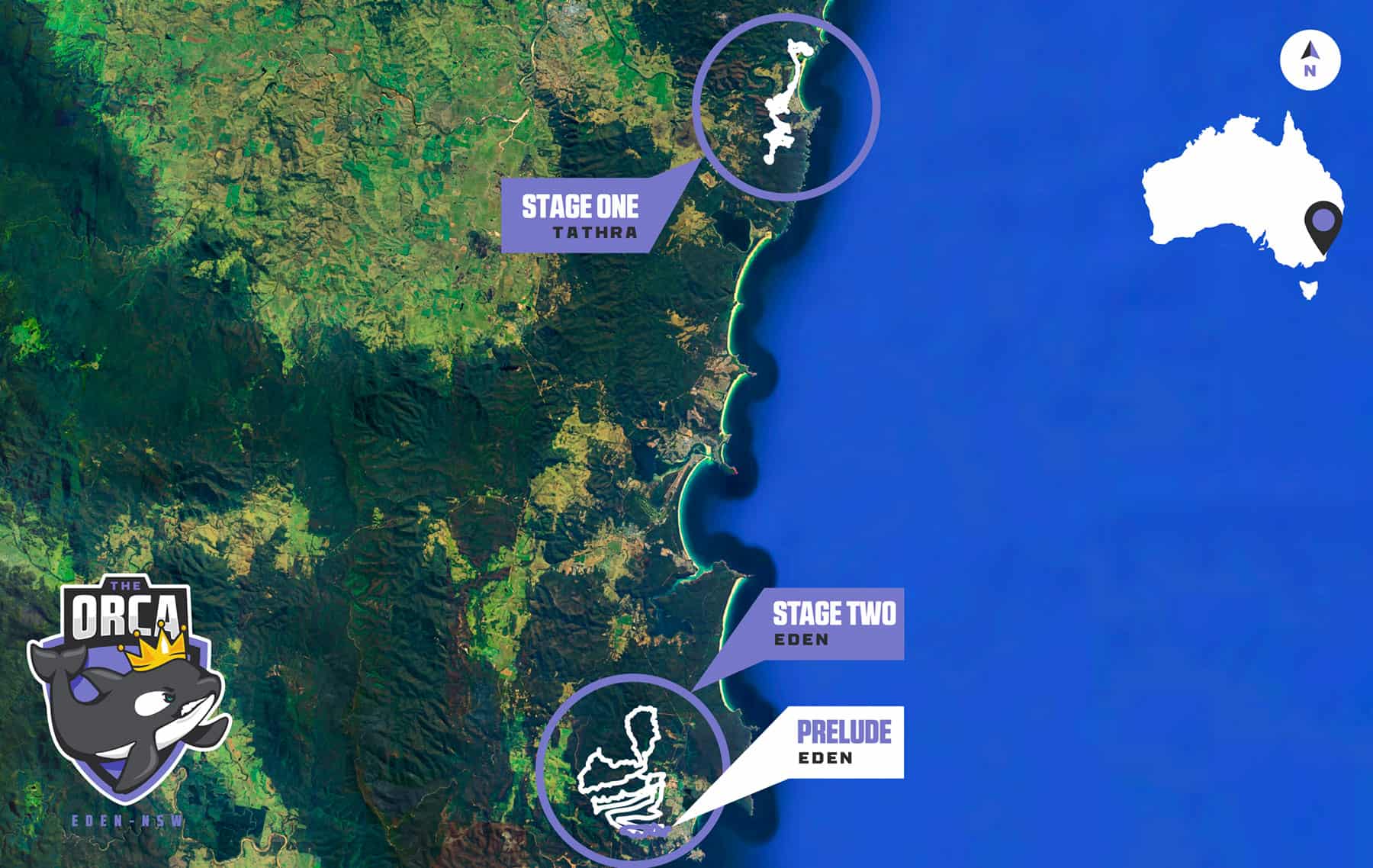 Overview Map for The Orca MTB Stage Race in Eden NSW as part of the Quad Crown MTB Series